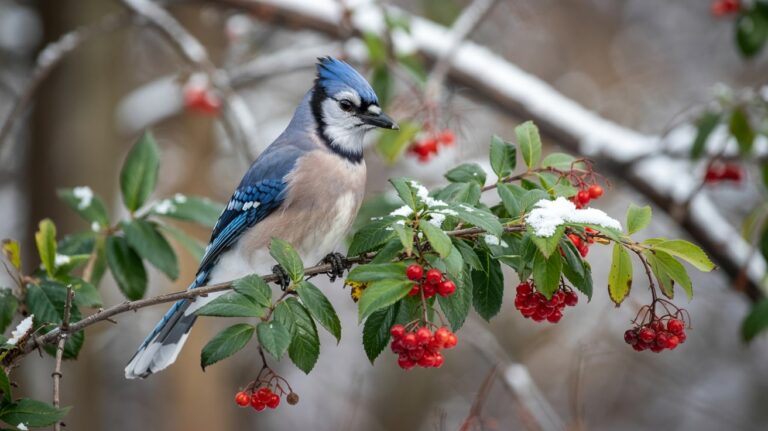 Blue Jay perched on a branch of a lush winterberry bush with bright red berries