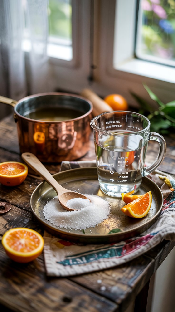  Ingredients for Homemade Oriole Nectar on a rustic wooden table. 