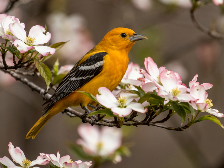 Oriole perched in a tree with spring flowers