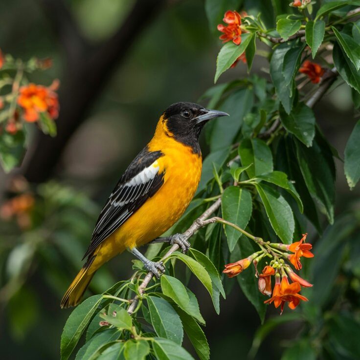 A vibrant oriole perched on a tree, surrounded by lush green foliage and bright orange flowers