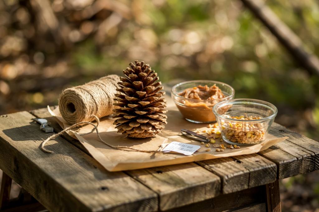A table with pine cones, peanut butter, birdseed, and string laid out for crafting a bird feeder