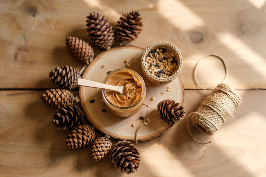 Pinecones laid out on a table with a jar of peanutbutter and birdseed