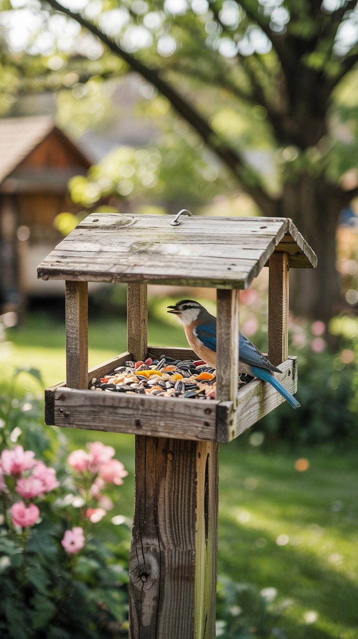 wooden platform birdfeeder on a post 