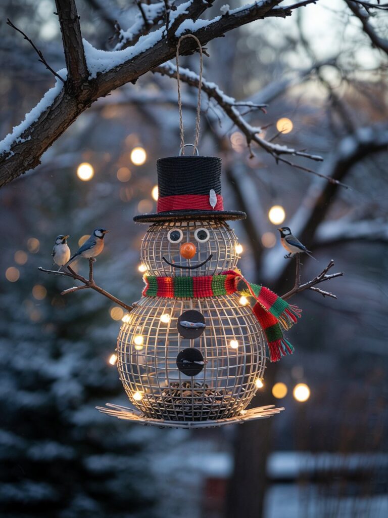 snowman birdfeeder at night