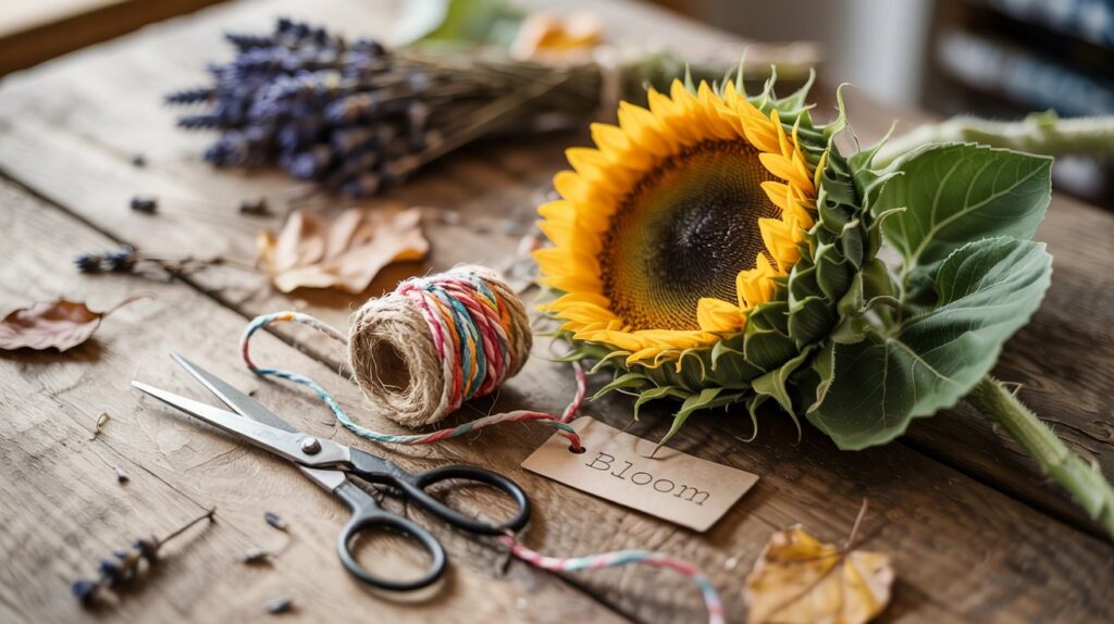 sunflower head, scissors and twine on a wooden table
