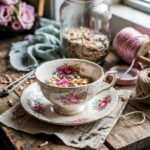 vintage teacup filled with birdseed on a wooden table with pink and blue twine