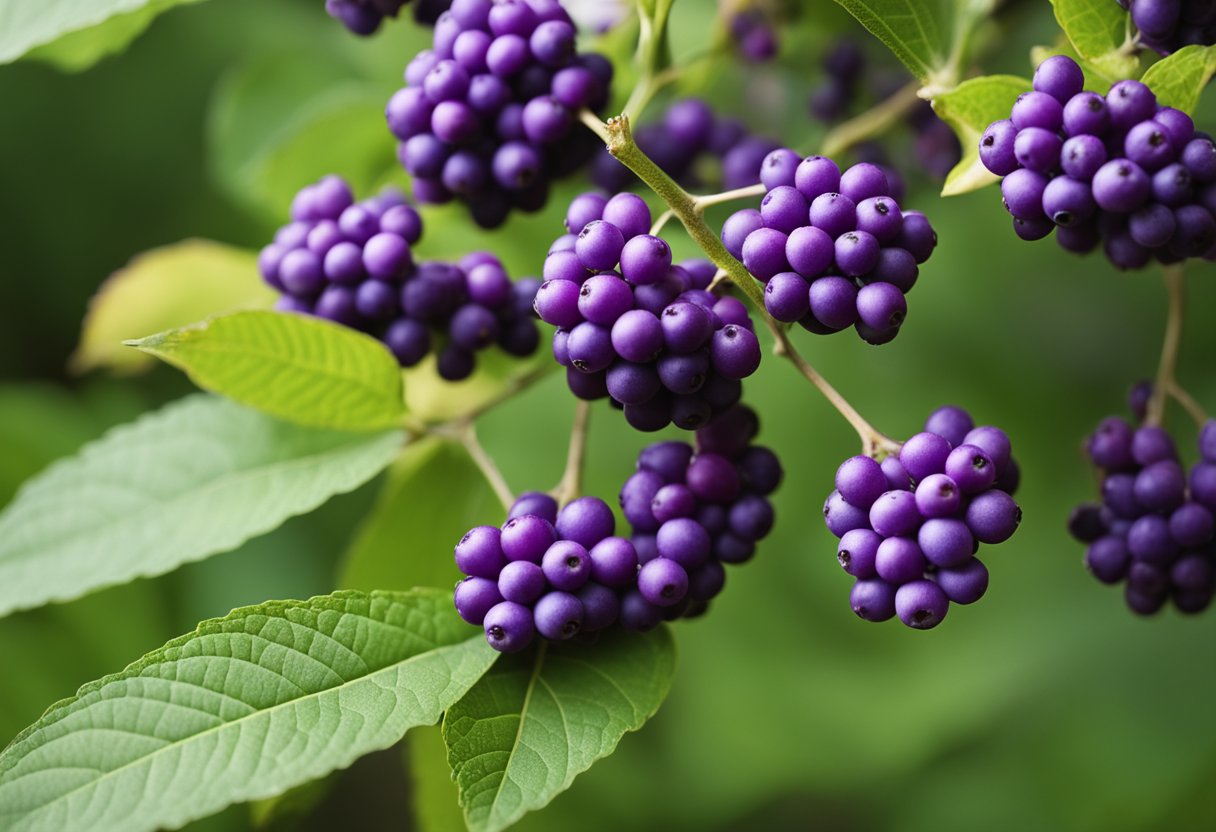 Fifteen American Beautyberry bushes with vibrant purple berries, attracting birds in a lush garden setting