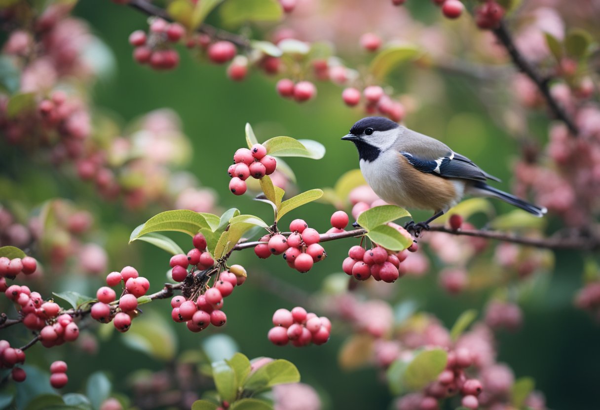Fifteen serviceberry bushes with birds feeding on the ripe berries