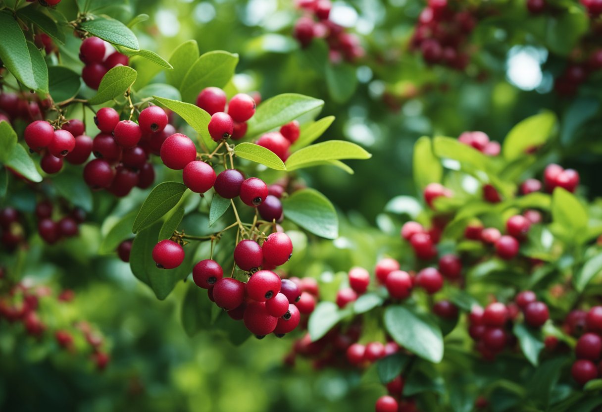 Fifteen chokeberry bushes with ripe berries surrounded by birds