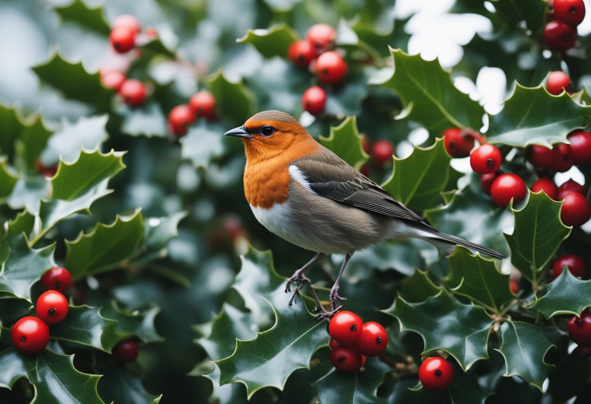 Flock of birds perching on holly berry bushes