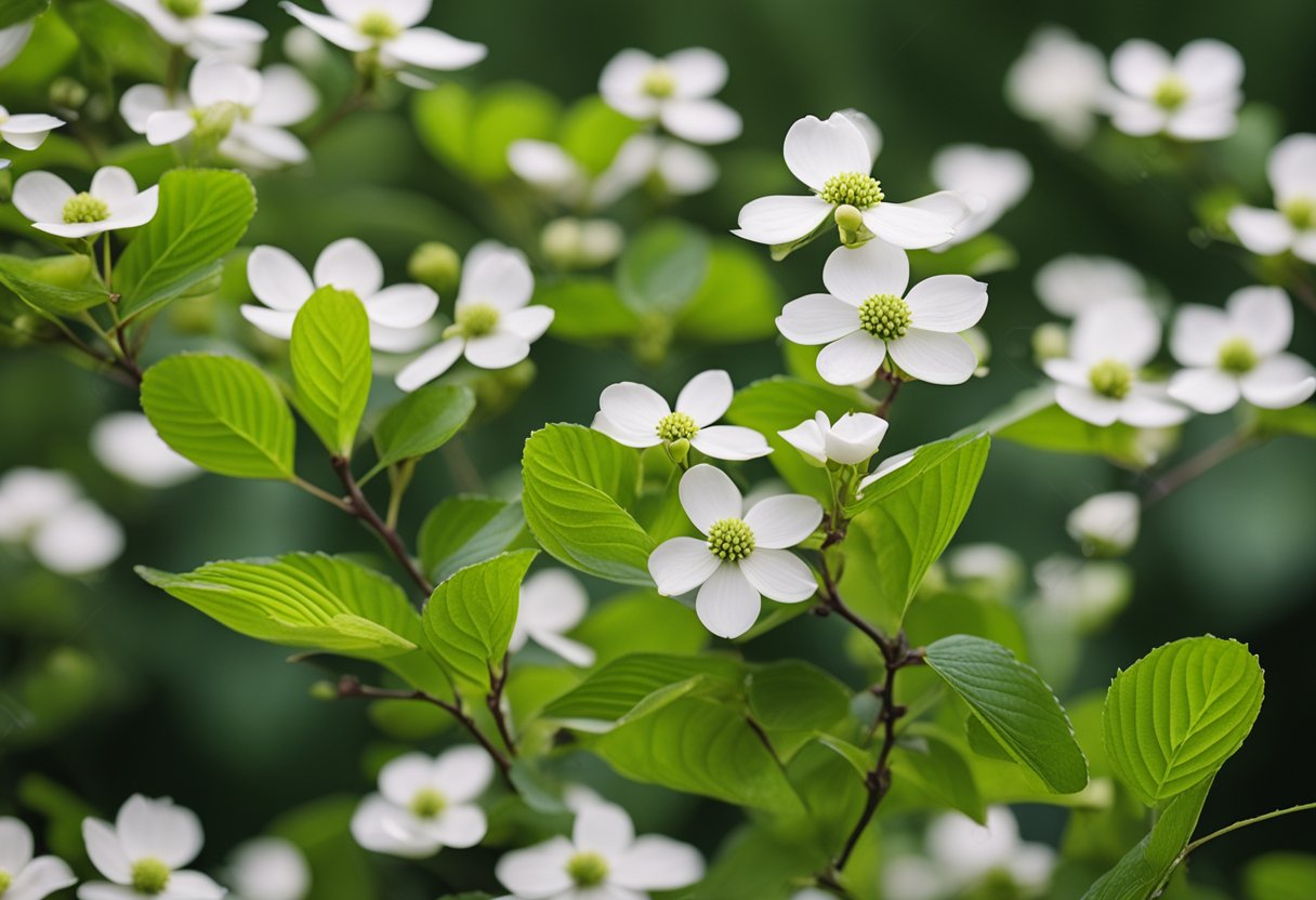 Fifteen dogwood berry bushes attract birds in a lush garden setting
