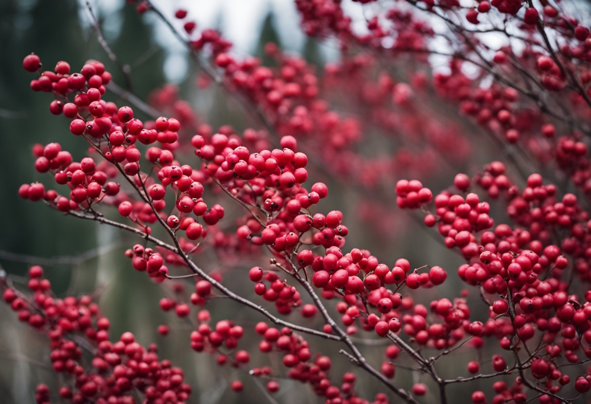 Fifteen Red Osier Dogwood bushes with bright red berries, attracting birds