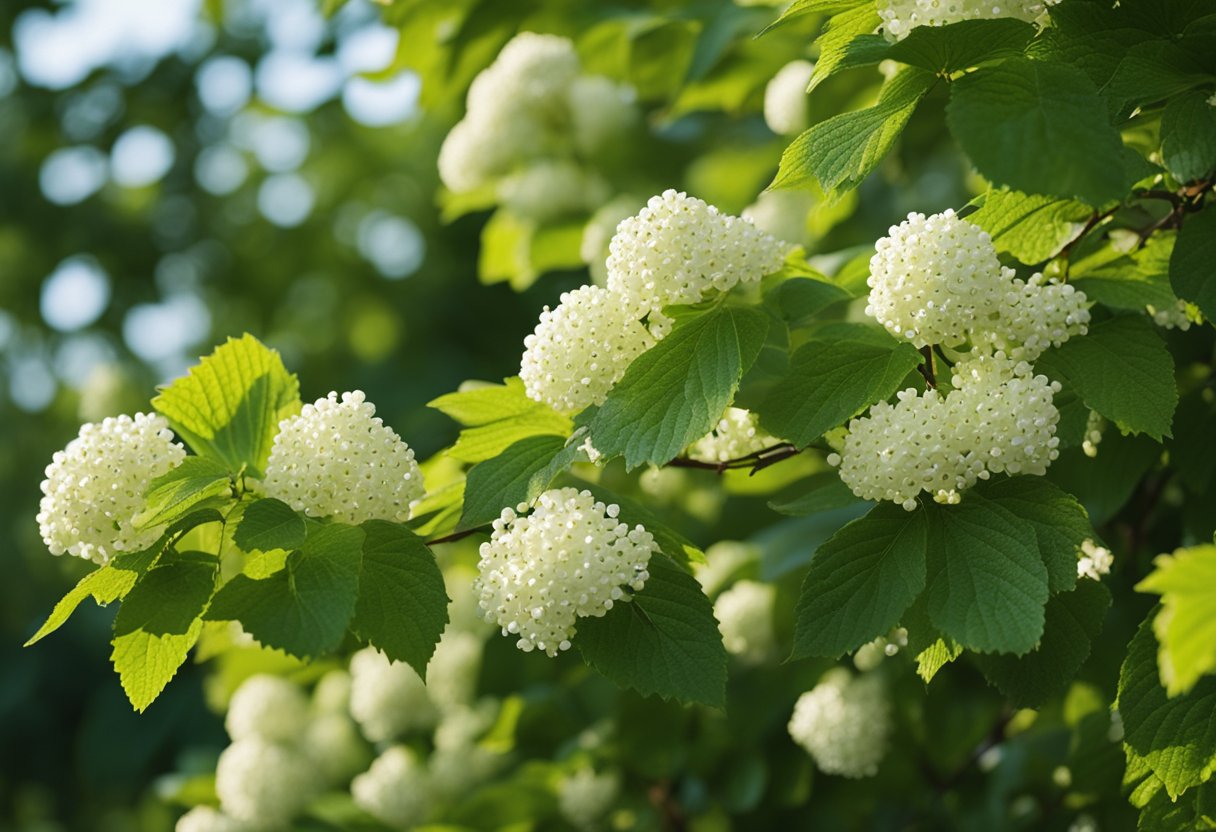 Fifteen Arrowwood Viburnum bushes with ripe berries, surrounded by birds feeding