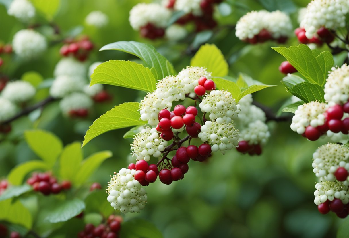 Fifteen Blackhaw Viburnum bushes with ripe berries, surrounded by chirping birds