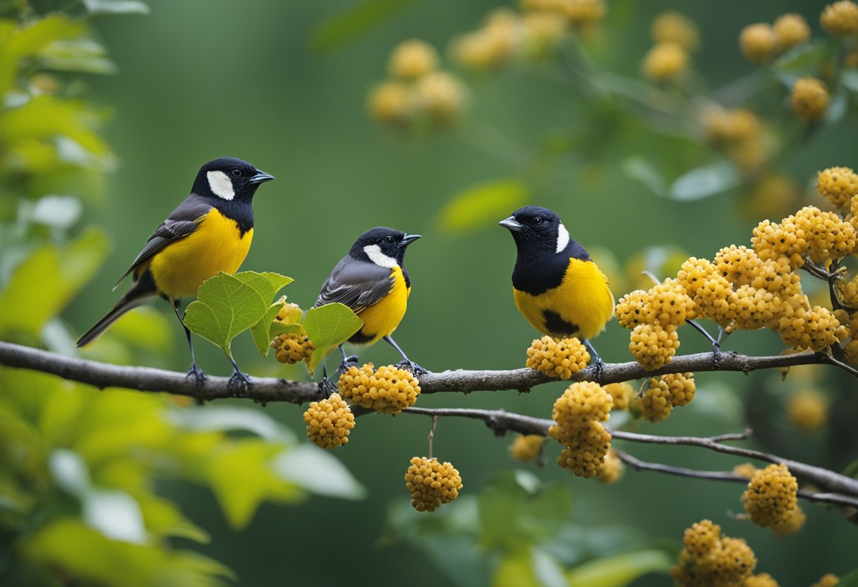 Fifteen spicebush berry bushes attract birds in a woodland setting