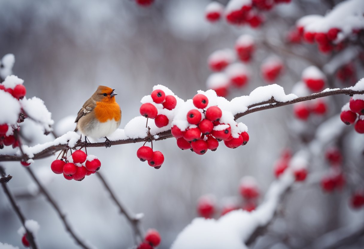 A winter landscape with snow-covered ground and bare branches, featuring a cluster of red winterberry shrubs with small birds feeding on the bright red berries