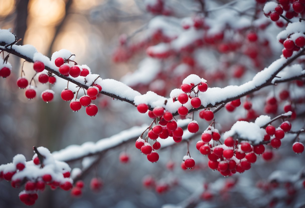 A winter garden with snow-covered ground, featuring a vibrant cluster of winterberry bushes surrounded by chirping birds feeding on the bright red berries