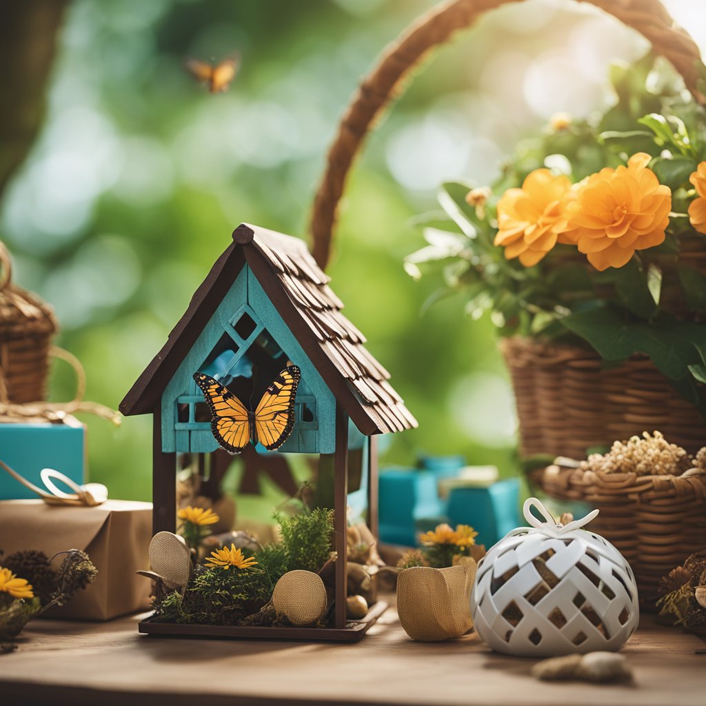 A colorful butterfly shelter sits next to a bird feeder, surrounded by a variety of nature-inspired gift basket items