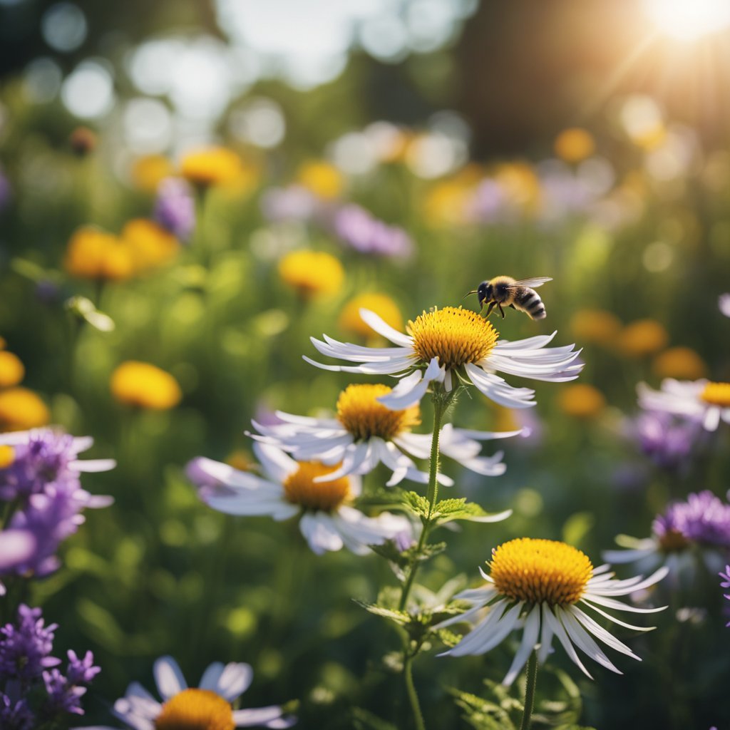 A garden filled with native flowers and plants, buzzing with bees and visited by colorful birds
