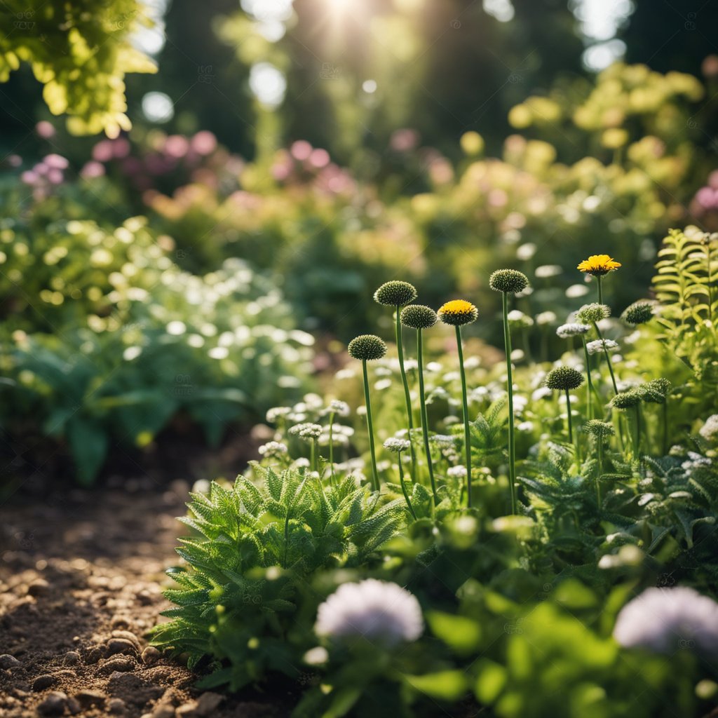 A garden with multiple layers of plants, from ground cover to tall trees, providing diverse habitats for birds and bees