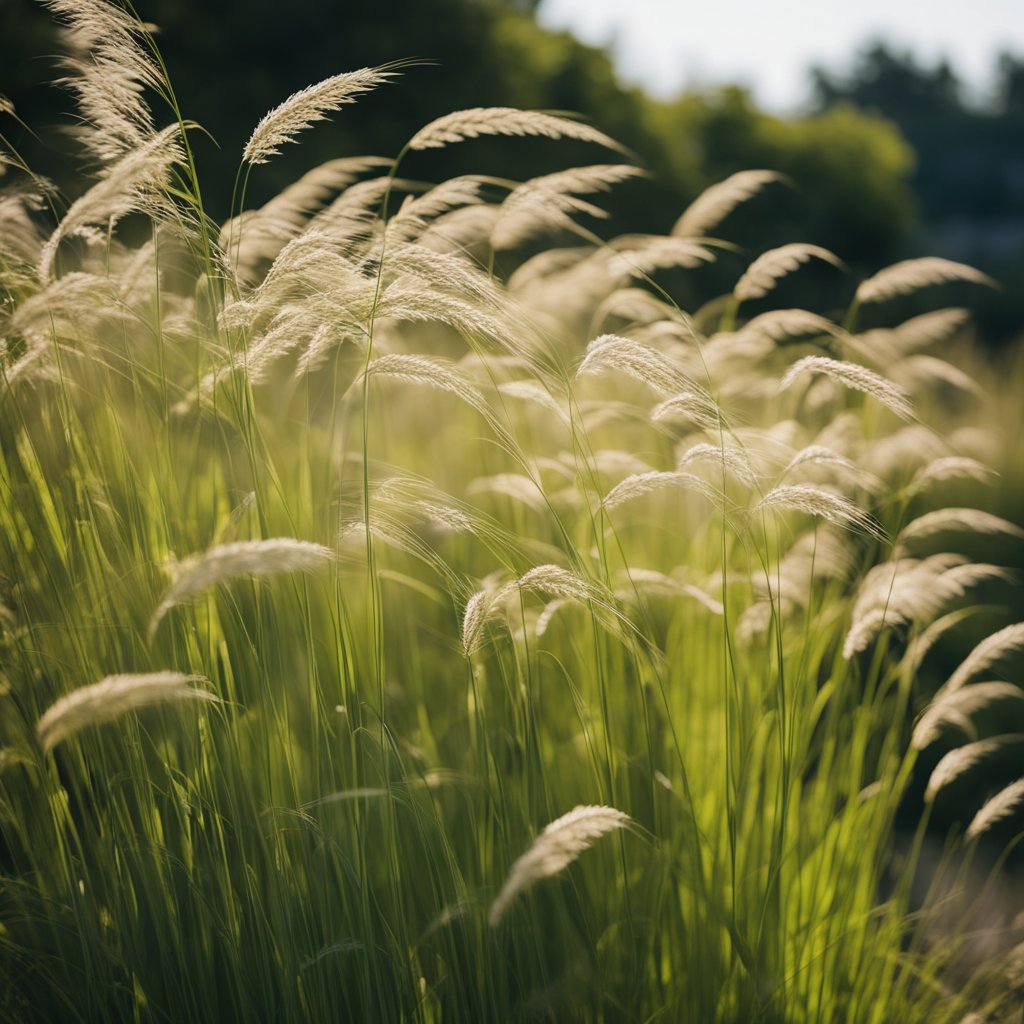 Ornamental grasses sway in the breeze, providing shelter for birds and bees in a garden bursting with vibrant colors and buzzing with life