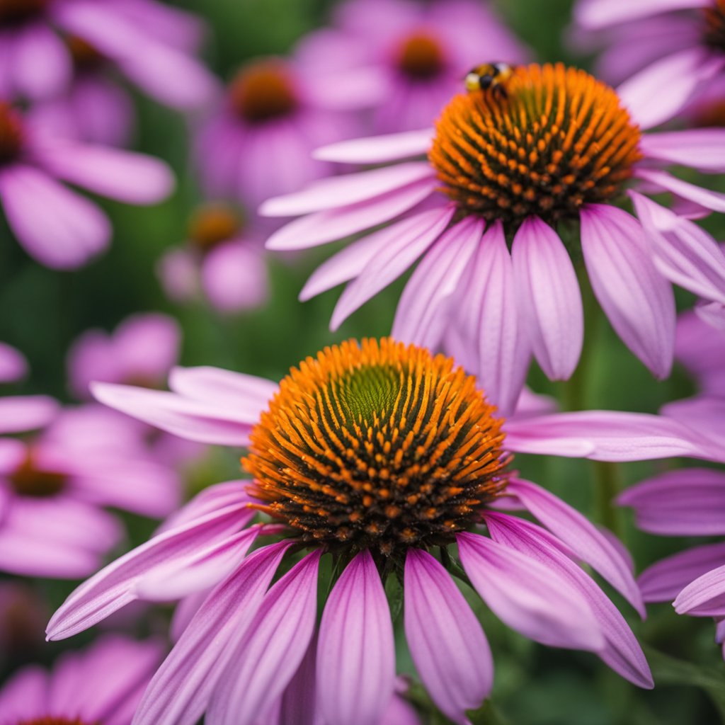 Coneflowers bloom in a lush garden, attracting birds and bees with their vibrant colors and sweet nectar