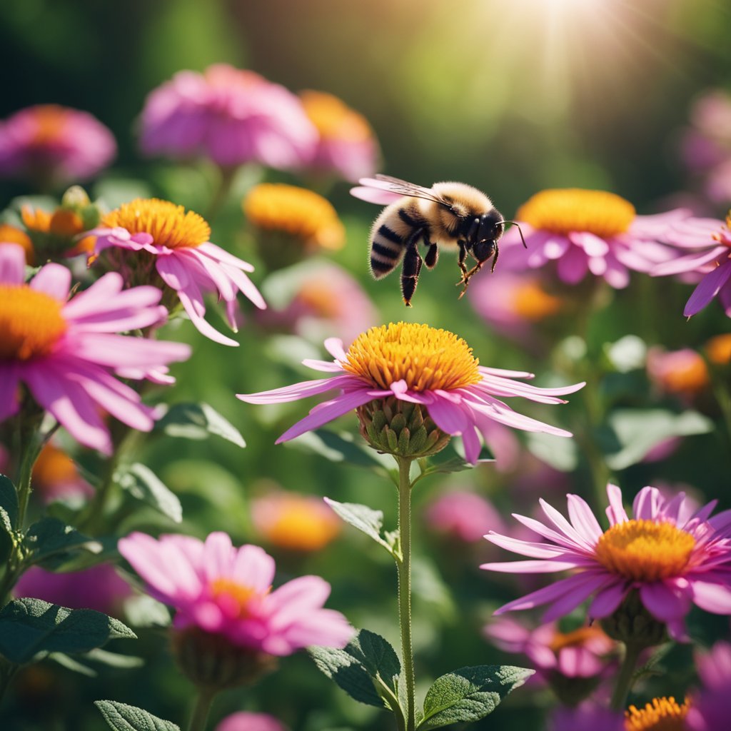 A colorful garden with blooming flowers, fruit trees, and a variety of native plants. Bees and birds are seen buzzing and flitting around, enjoying the nectar and seeds
