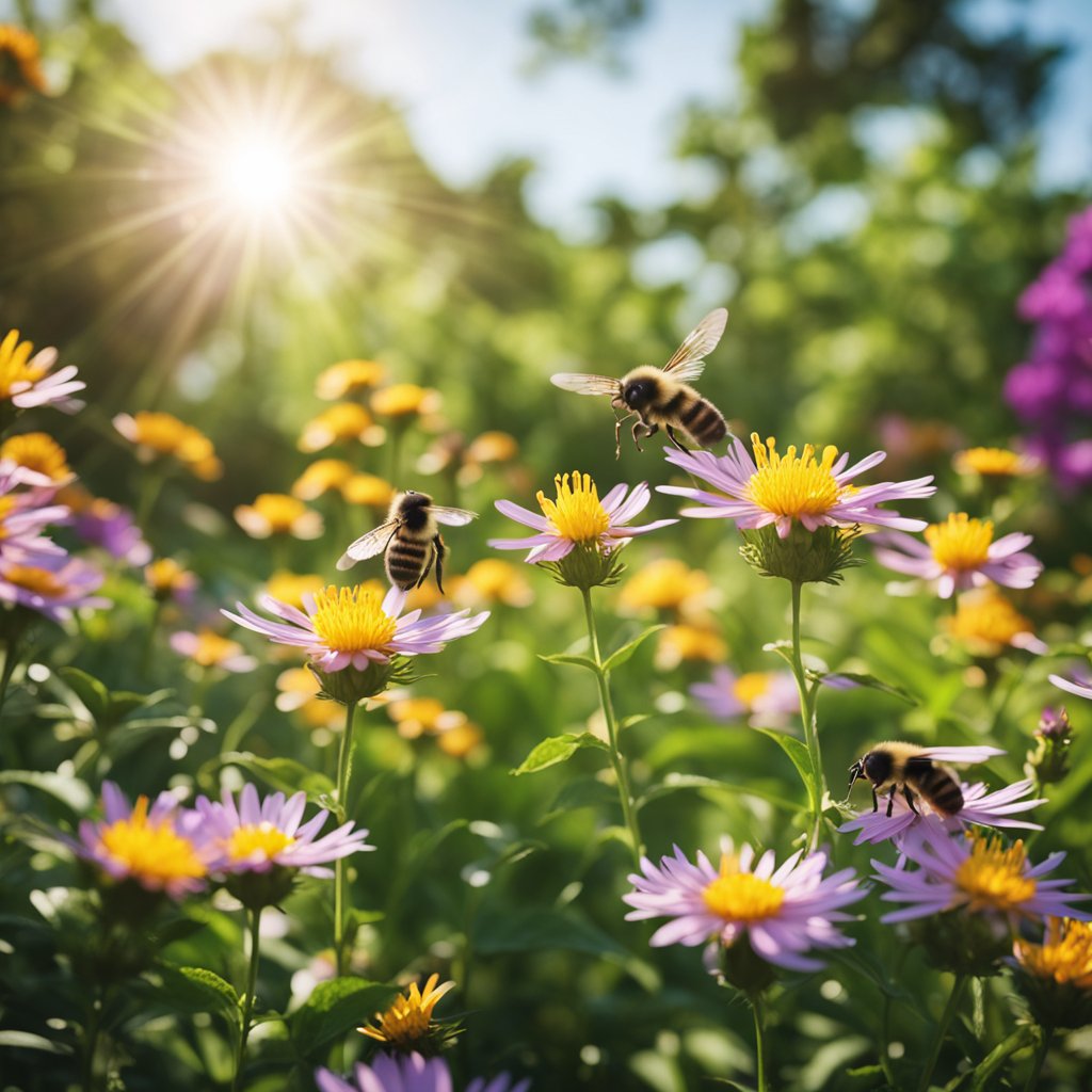 A lush garden bursting with colorful flowers and buzzing with bees, while birds flit from branch to branch, creating a harmonious and wildlife-friendly oasis