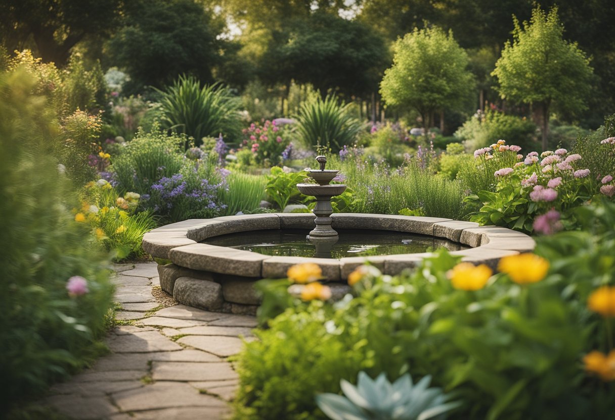 A lush garden with a variety of native plants and flowers, a small pond or birdbath, and strategically placed perches and nesting boxes