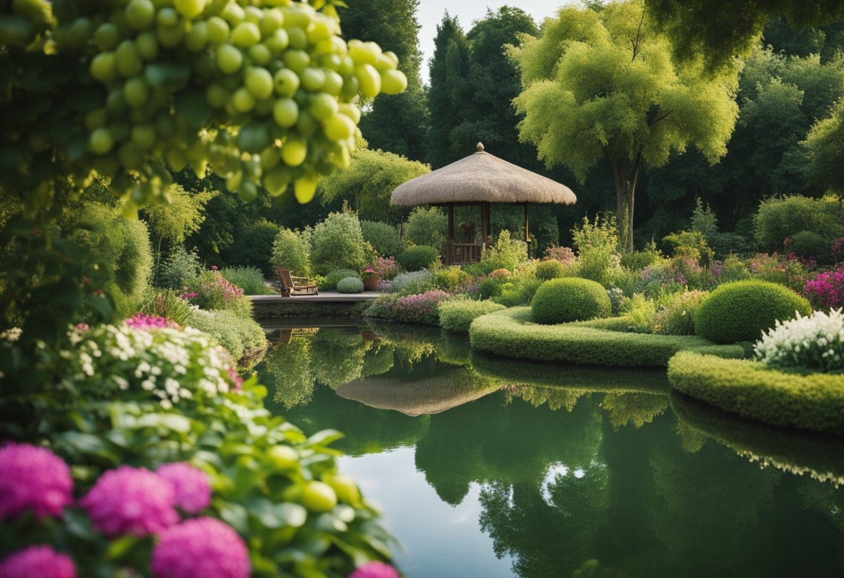 A lush garden with a variety of fruit-bearing trees and bushes, surrounded by blooming flowers and a small pond, with birds of different species feasting on the natural food sources