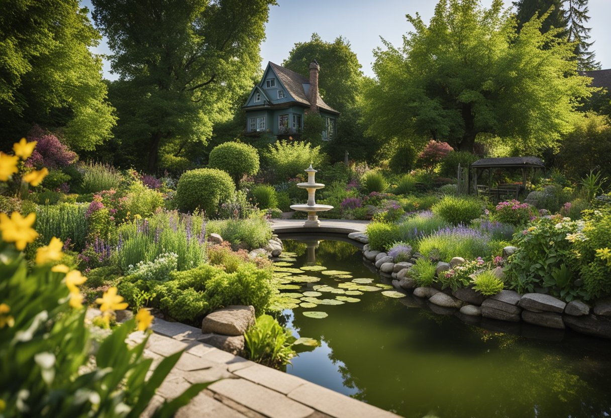 A lush garden with a variety of native plants, a small pond or birdbath, strategically placed perches and birdhouses, and plenty of open space for birds to fly and forage