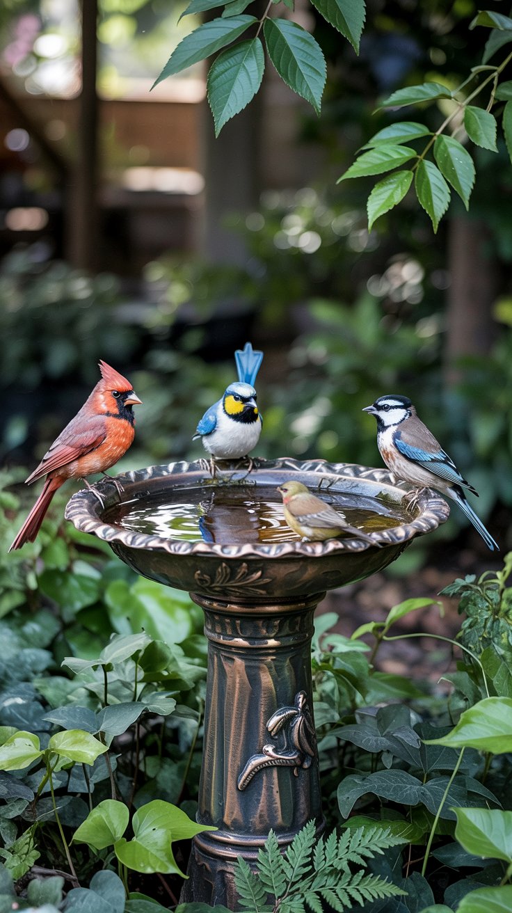 a gorgeous cooper birdbath with colorful birds enjoying a drink