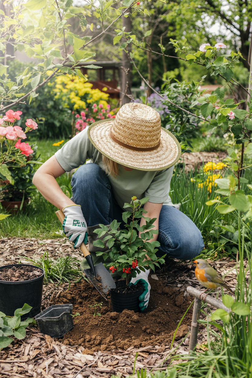 Woman planting a berry bush in her garden to attract more birds.