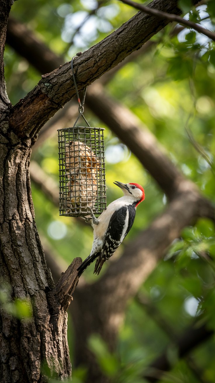 Woodpecker feeding from suet feeder